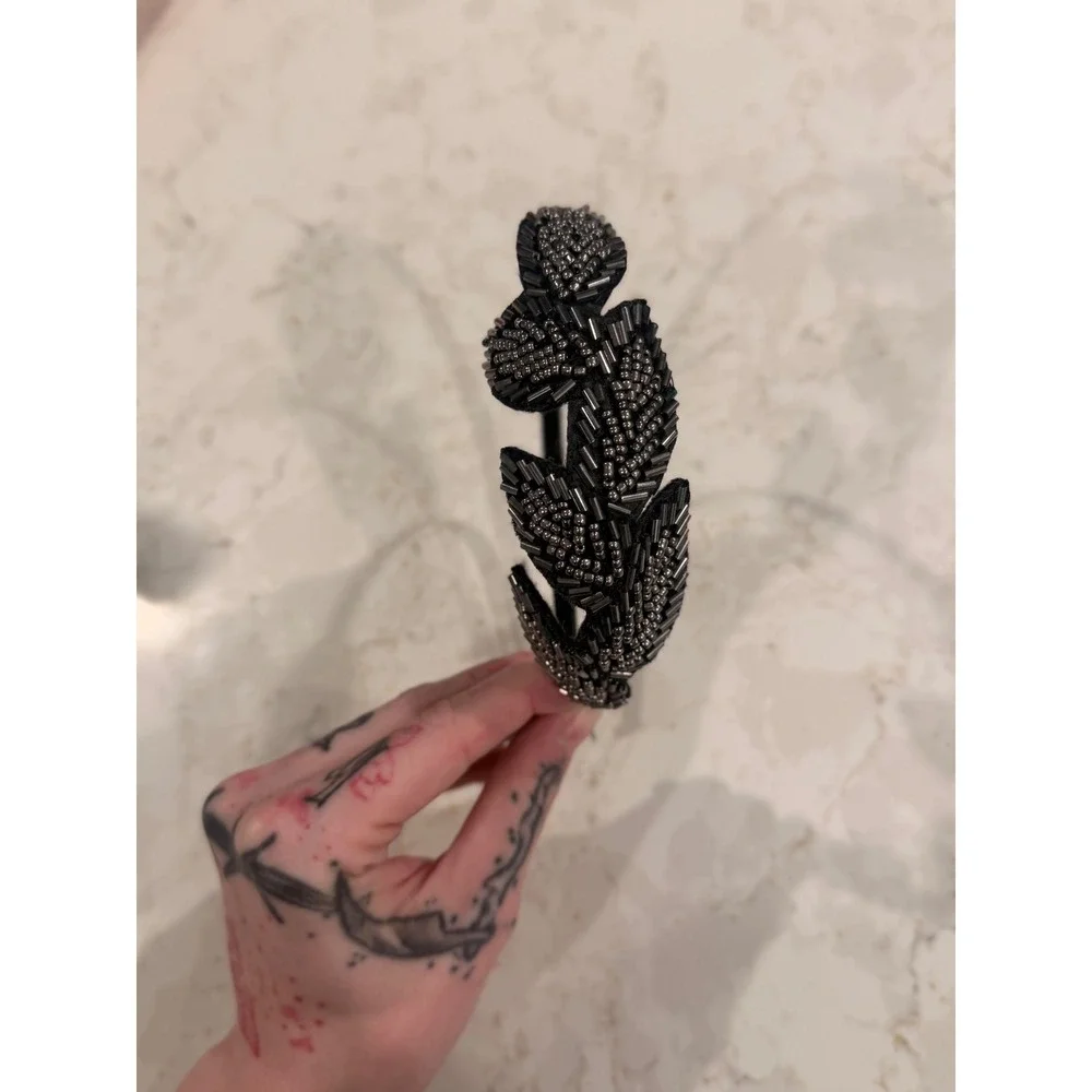 Black Beaded Leaf Headband Gunmetal Seed Bead Statement Hair Accessory Headpiece